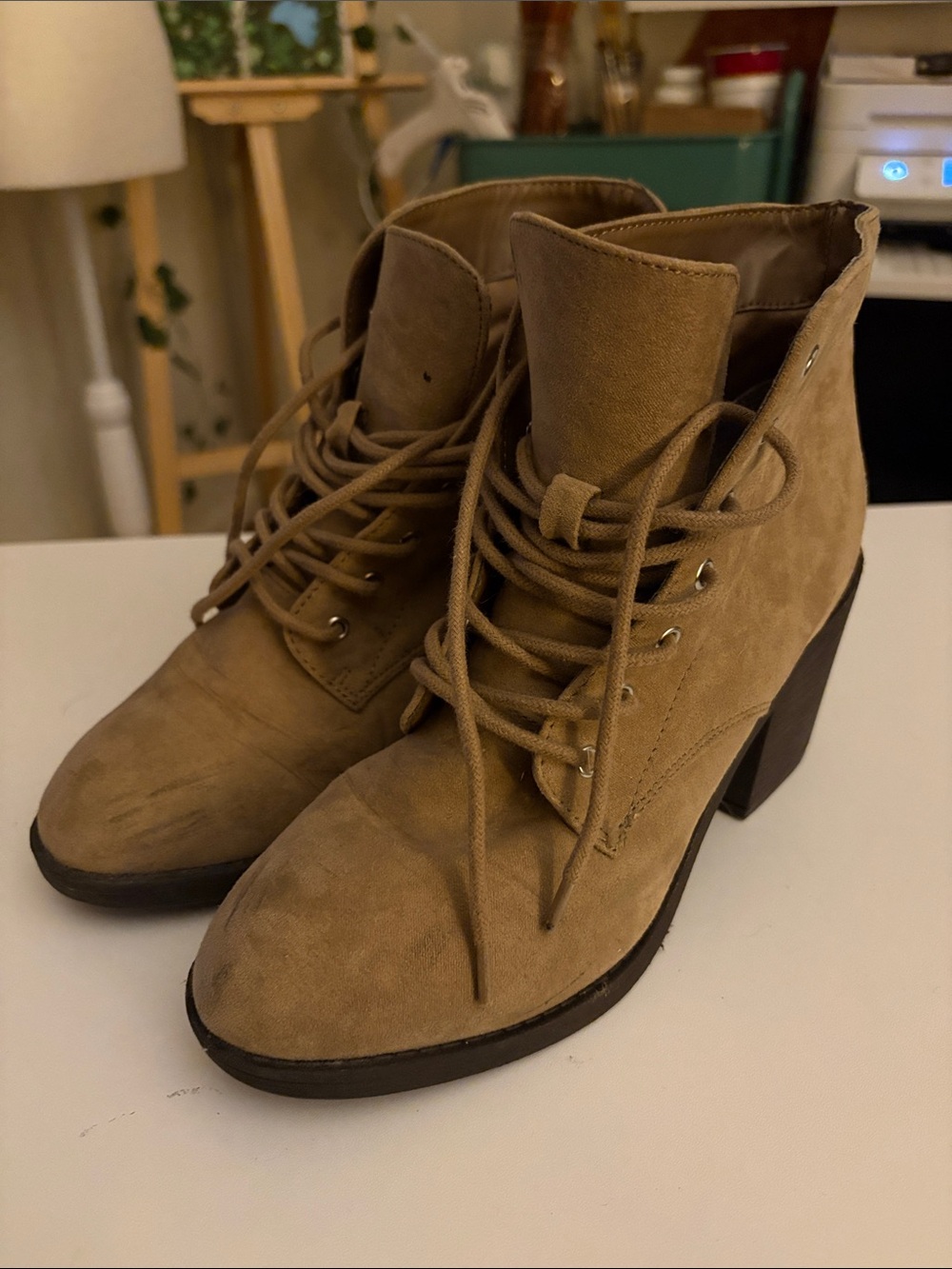 Forever 21 Tan Suede Lace-Up Block Heel Ankle Boots